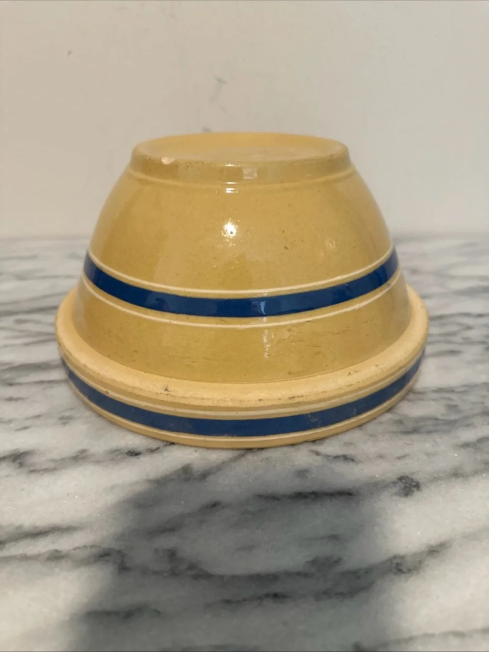 Antique Yellow ware Ceramic mixing Bowl  Blue & white Stripes with lid Rare